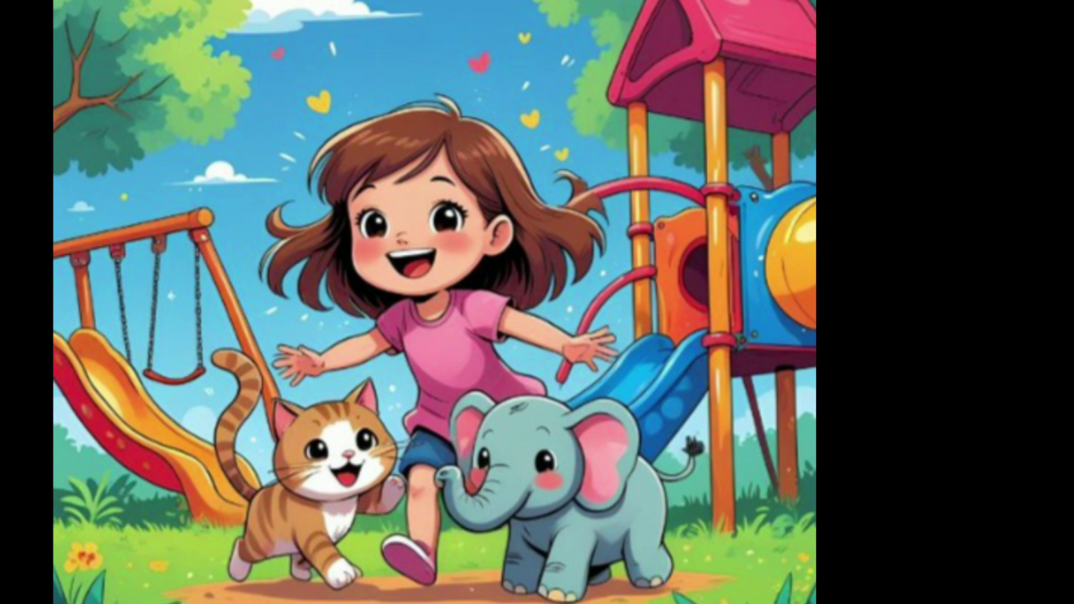 Comiczeichnung mit kleinem Mädchen, einer kleinen Katze und einem Elefanten