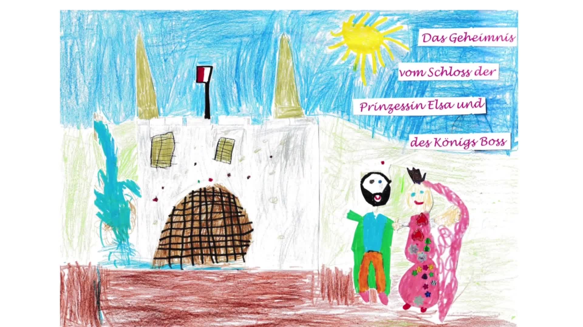 Eine bunte Kinderzeichnung zeigt ein weißes Schloss mit Türmen unter einem sonnigen Himmel. Davor stehen lächelnd ein bärtiger Mann in Grün und Prinzessin Elsa in Rosa. Der deutsche Text auf der rechten Seite lautet: 
